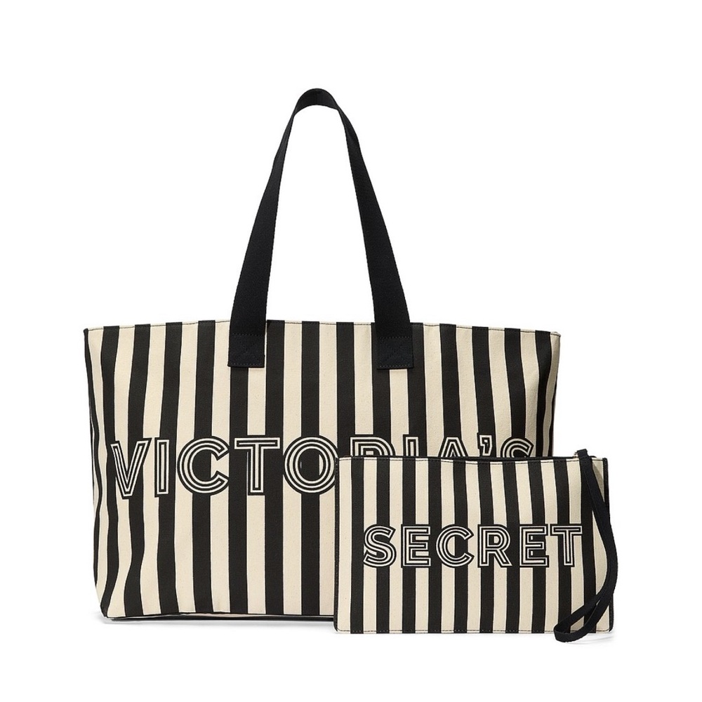 Victoria's Secret Black and White Striped Tote Bag and matching wristlet nwt